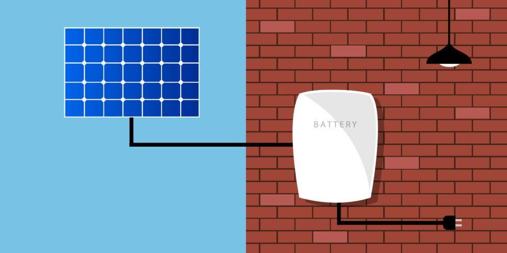 Clipart showing a solar panel connected to a battery storage unit, which the connects to the house's electricity system.