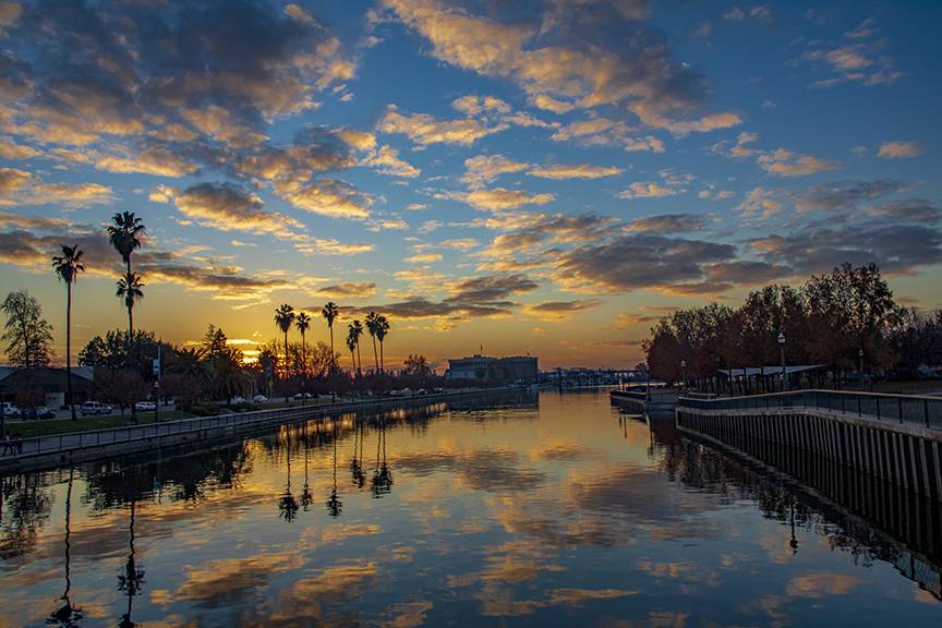 Aerial image of Stockton at sunset.