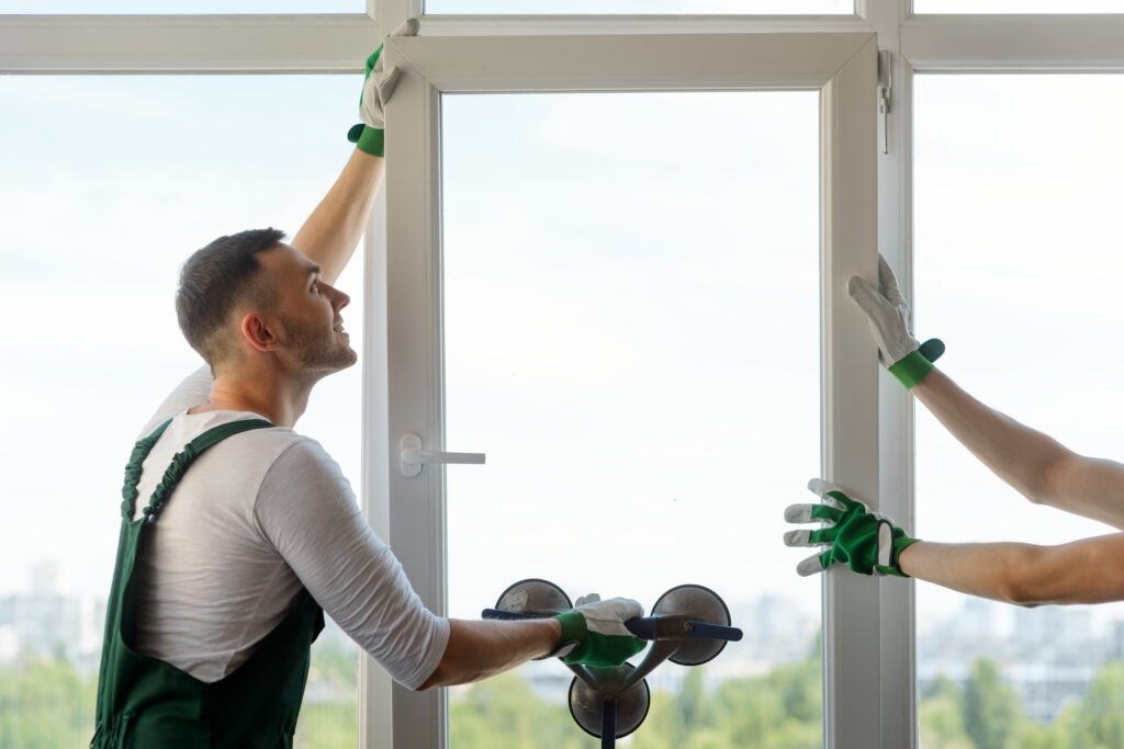 Two workers installing a plastic window. Man holding a glass pane with a vacuum lifter.