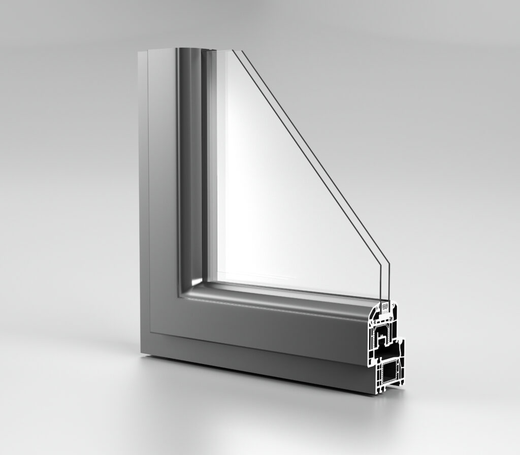 A cutaway image of aluminum window frames.