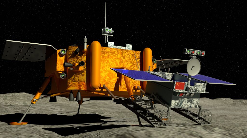 A 3D rendering of a rover with solar panels on the moon.