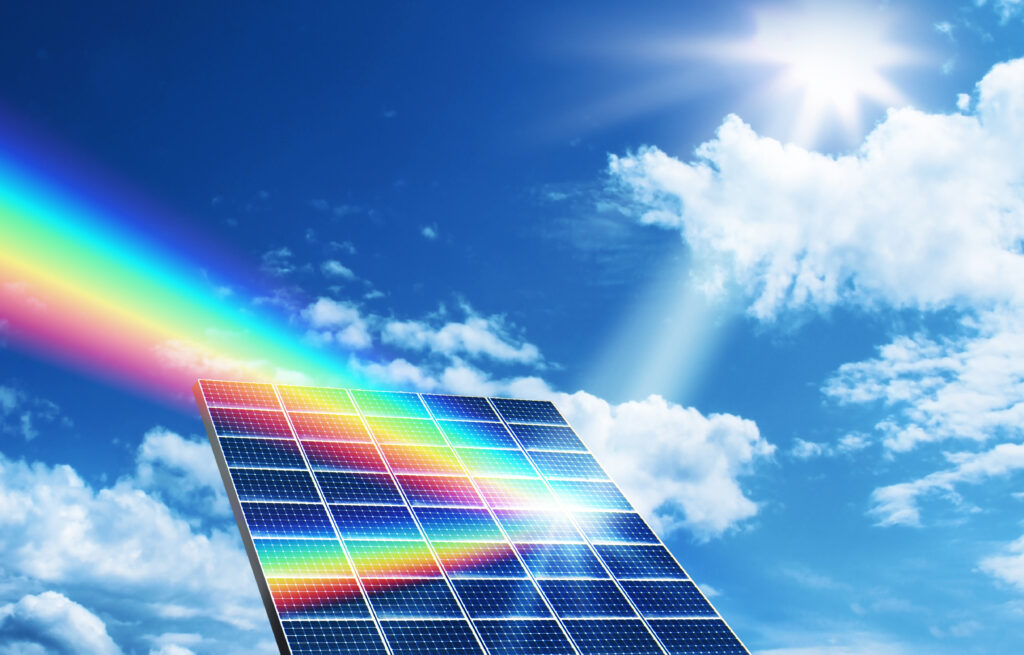 A 3D rendering of a solar panel reflecting visible light from the sun.