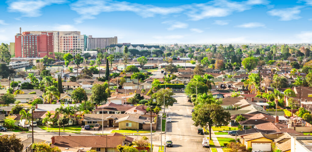 An aerial image of a California neighborhood.