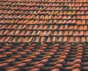 A roof with mold growing on the shingles.