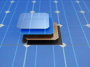 A diagram showing the glass, silicon, and backing parts of a solar panel.