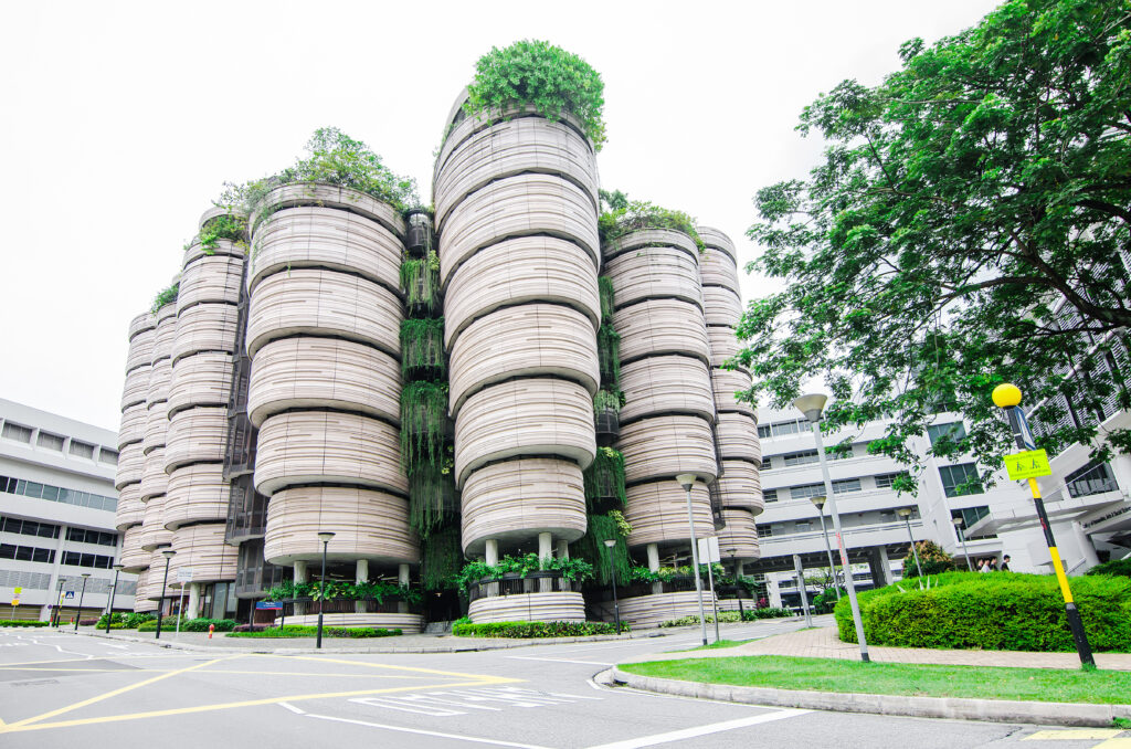 SINGAPORE - NOV 25, 2018 : Inside view of building "Dim Sum Basket" at Nanyang Technological University (NTU) ,Modern architectural building in Singapore.