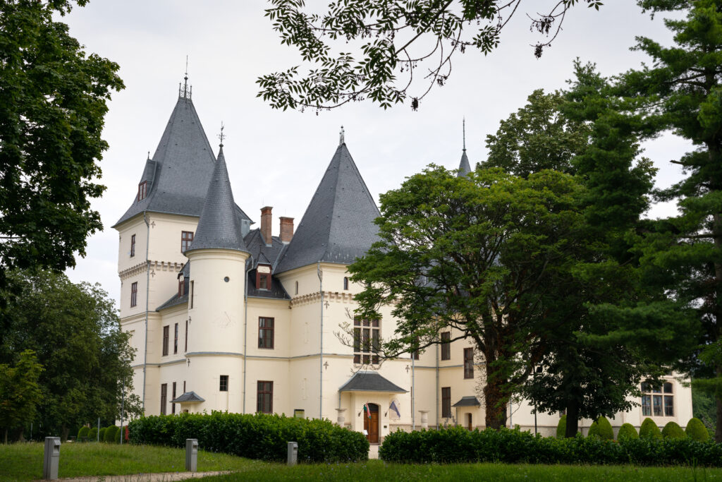 A small castle with slate roofs.