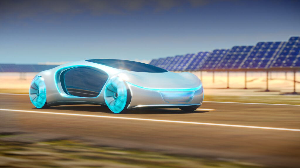 Concept car rides on the road, solar panels are in the background. 3d illustration. High quality photo