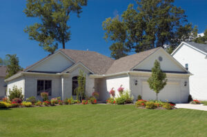 A ranch-style home with a nicely landscaped garden.