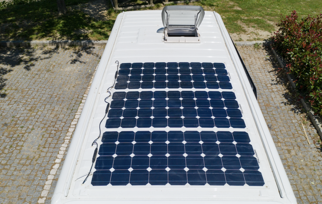 An image of solar panels installed on an RV roof.