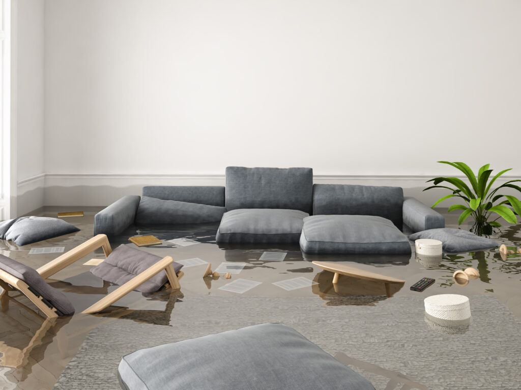 A 3D rendering of couch cushions in a flooded living room.